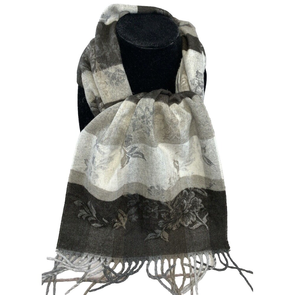 V Fraas Scarf Black Gray Ombré Floral Fringe Soft Rectangle 52" X 12" Cashmink
